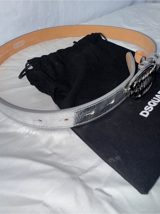 DSQUARED2 NWT Silver Metallic Leather Belt with Black Logo Buckle main image 6